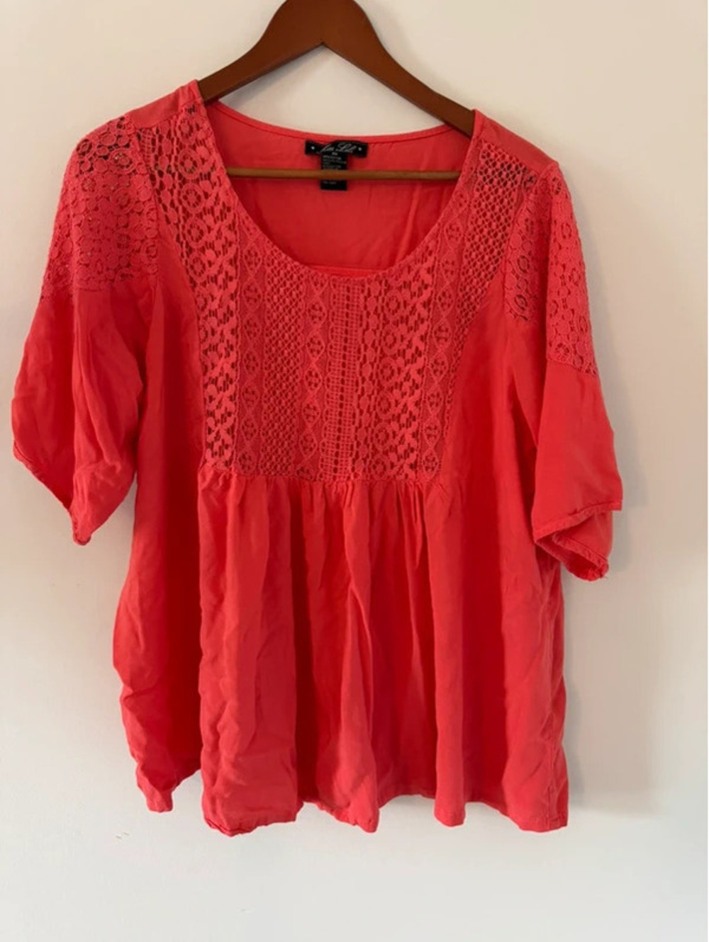 Miss Lili Coral Lace Detail Cotton Blend Top 2X